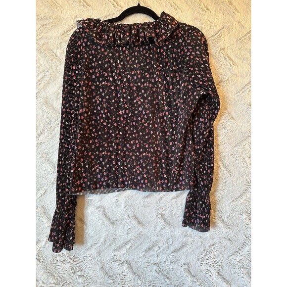 MNG Mango Pleated Floral Blouse Relaxed V-Neck Black Cottage Women Medium - Picture 10 of 11